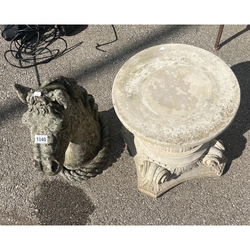 1040 - A quantity of Garden ornaments, horse heads and pillar stands