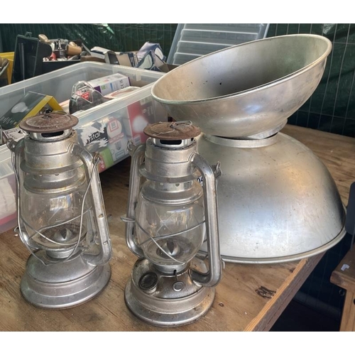 1046 - 2 Gas camper lights and steel lamp shades