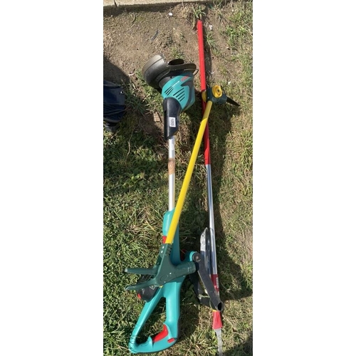 1055 - A quantity of gardening tools including grass trimmer and 2 other items