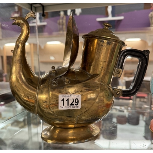 1129 - A vintage brass peacock shaped hot water jug