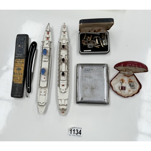 1134 - A mixed lot of cased cufflinks, cutthroat razor, A cigarette case & 2 Cruise ship models