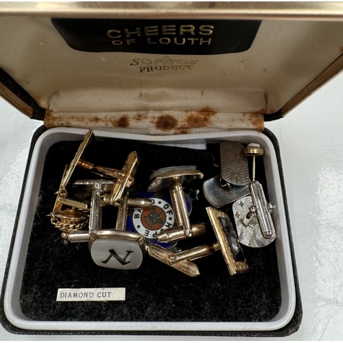 1134 - A mixed lot of cased cufflinks, cutthroat razor, A cigarette case & 2 Cruise ship models