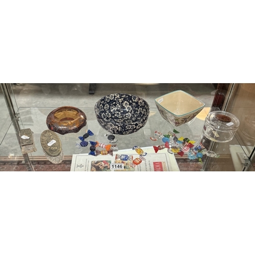 1146 - Various glass & porcelain items including Amber glass ashtray, glass wrapped sweets, pots, bowls etc