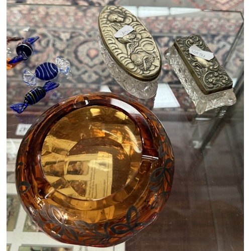 1146 - Various glass & porcelain items including Amber glass ashtray, glass wrapped sweets, pots, bowls etc