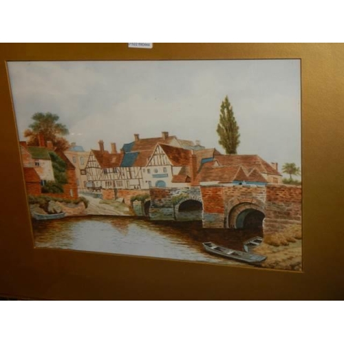 603 - An early 20th century watercolour featuring an Elizabethan building by a bridge, COLLECT ONLY.