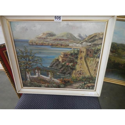 606 - A good Early 20th century painting on canvas coastal scene, signed, COLLECT ONLY.