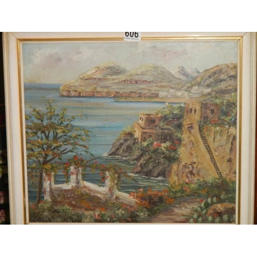 606 - A good Early 20th century painting on canvas coastal scene, signed, COLLECT ONLY.