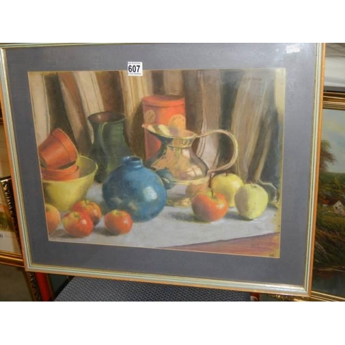 607 - A framed and glazed still life study featuring jugs and fruit signed P H Green. COLLECT ONLY.