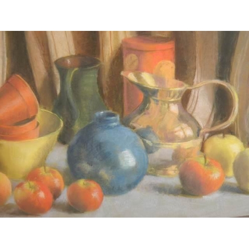 607 - A framed and glazed still life study featuring jugs and fruit signed P H Green. COLLECT ONLY.