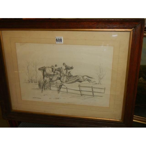 608 - A framed and glazed pencil drawing featuring horses jumping a fence signed A J M Ellison, COLLECT ON... 