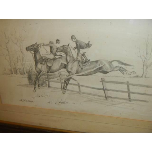 608 - A framed and glazed pencil drawing featuring horses jumping a fence signed A J M Ellison, COLLECT ON... 