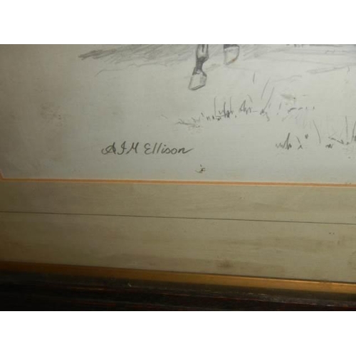 608 - A framed and glazed pencil drawing featuring horses jumping a fence signed A J M Ellison, COLLECT ON... 