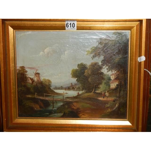 610 - An early 20th century oil on canvas river scene with windmill. COLLECT ONLY.