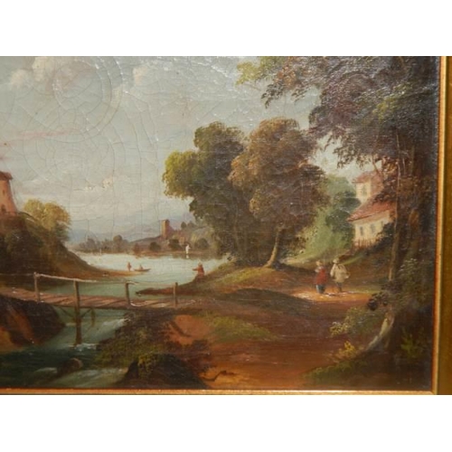 610 - An early 20th century oil on canvas river scene with windmill. COLLECT ONLY.