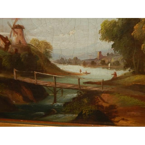 610 - An early 20th century oil on canvas river scene with windmill. COLLECT ONLY.