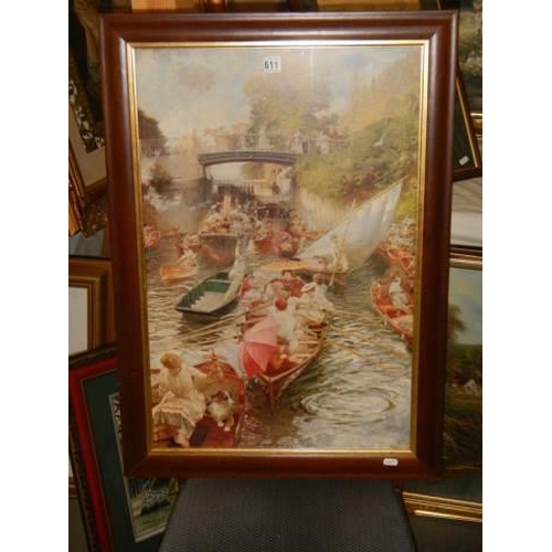 611 - A framed and glazed print featuring people in boats on a river, COLLECT ONLY.