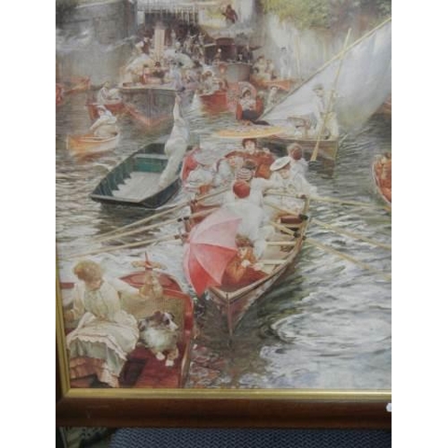 611 - A framed and glazed print featuring people in boats on a river, COLLECT ONLY.