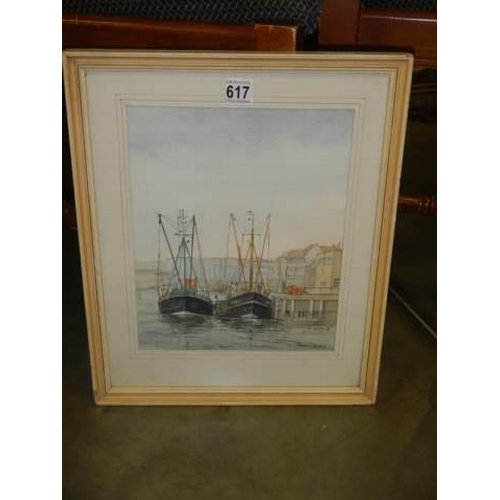 617 - A framed and glazed study of fishing boats entitled 'Return to Grimsby' signed Ken Perry, COLLECT ON... 