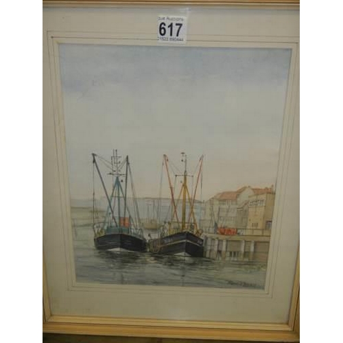 617 - A framed and glazed study of fishing boats entitled 'Return to Grimsby' signed Ken Perry, COLLECT ON... 