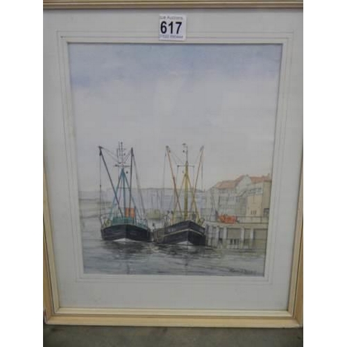 617 - A framed and glazed study of fishing boats entitled 'Return to Grimsby' signed Ken Perry, COLLECT ON... 