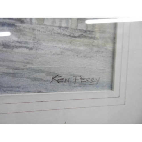 617 - A framed and glazed study of fishing boats entitled 'Return to Grimsby' signed Ken Perry, COLLECT ON... 