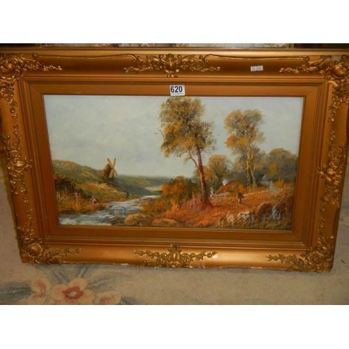 620 - A good Victorian oil on canvas rural scene with windmill, COLLECT ONLY.