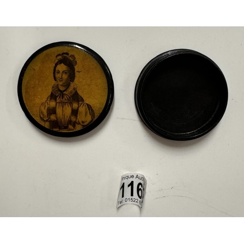 1160 - A laquered wooden trinket box with portrait to lid diameter 7cm