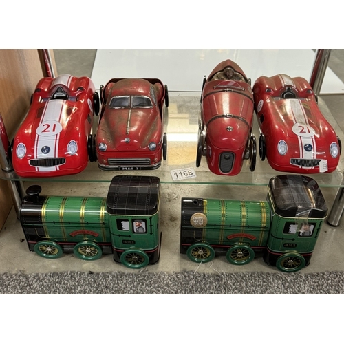 1168 - 6 Novelty biscuit tins in form of sports cars & trains