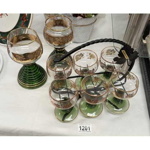 1201 - A set of 6 German wine glasses on stand & 2 Musical wine glasses. 1 Does not work