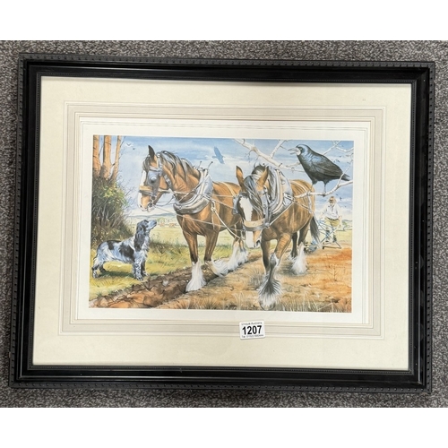 1207 - A framed print of working heavy shire horses