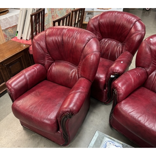 1233 - A deep red leather 2 seater settee 3 piece suite COLLECT ONLY