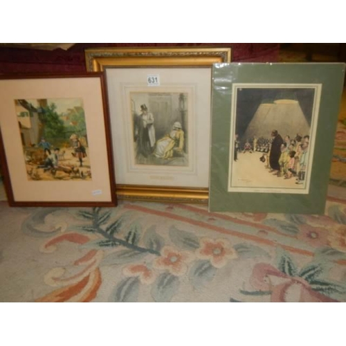 631 - Two interesting framed and glazed old prints and an unframed example. COLLECT ONLY.