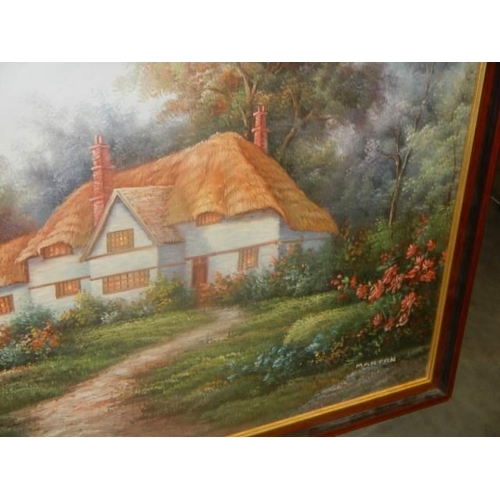 640 - A large oil on canvas cottage scene signed Marten, COLLECT ONLY.