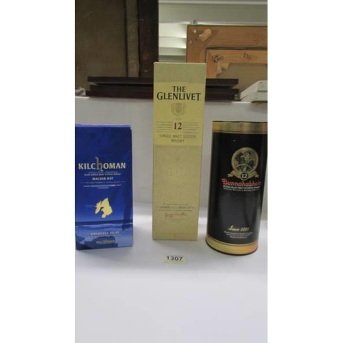 1307 - A Kilchoman Machir Bay whisky, The Glenlivet 12 year whisky and a Bunnhabhain 12 year whisky.