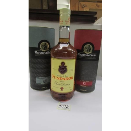 1312 - A Fundador Brandy de Jerez and two Bunnahabhair whisky.