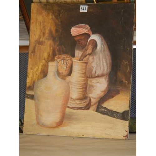 641 - A 20th century oil on canvas depicting an oriental potter, 41 x 51 cm, COLLECT ONLY.