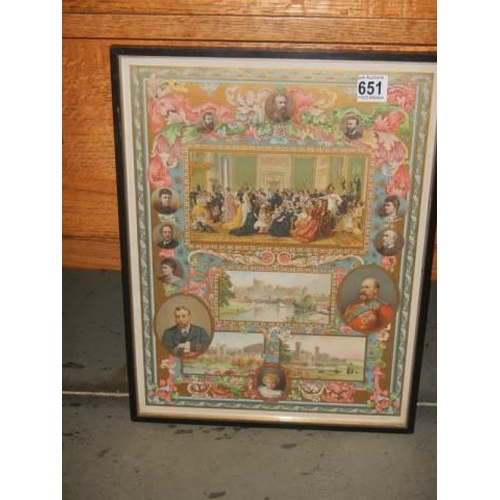 651 - A framed and glazed Queen Victoria print with coloured and gilded finish, 42 x 32 cm, COLLECT ONLY.