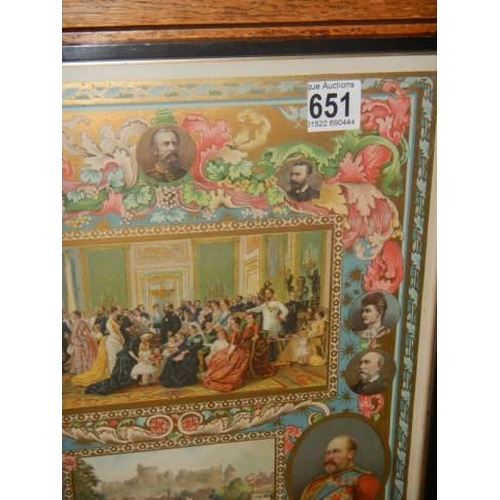 651 - A framed and glazed Queen Victoria print with coloured and gilded finish, 42 x 32 cm, COLLECT ONLY.