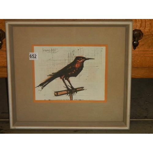 652 - A framed and glazed study of a bird signed Bernard Buffet, 39 x 41 cm, COLLECT ONLY.