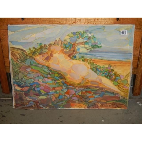 654 - An oil on canvas nude study signed Deo Es Gonzales, 61 x 46 cm COLLECT ONLY.