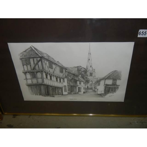 655 - Two framed and glazed late 20th century prints of Thaxted, Surrey, COLLECT ONLY.