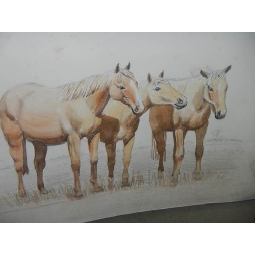 659 - A good unframed watercolour depicting three horses. 50 x 40 cm.