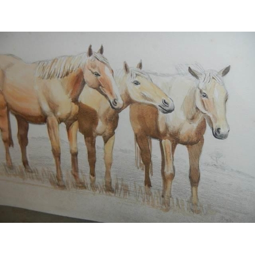 659 - A good unframed watercolour depicting three horses. 50 x 40 cm.