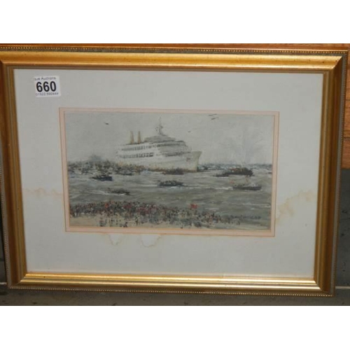 660 - A good framed and glazed picture of a cruise ship signed David?, 39 x 32 cm, COLLECT ONLY.