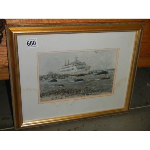 660 - A good framed and glazed picture of a cruise ship signed David?, 39 x 32 cm, COLLECT ONLY.