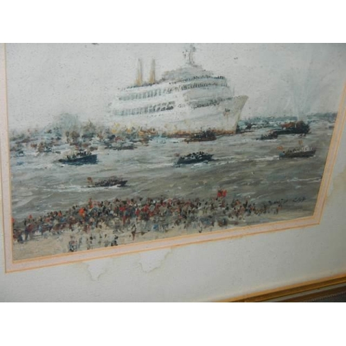 660 - A good framed and glazed picture of a cruise ship signed David?, 39 x 32 cm, COLLECT ONLY.