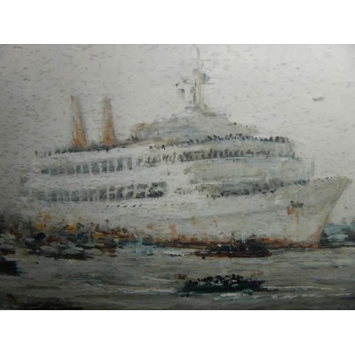 660 - A good framed and glazed picture of a cruise ship signed David?, 39 x 32 cm, COLLECT ONLY.