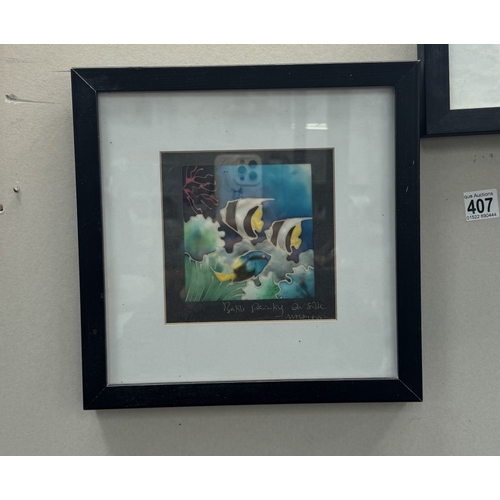 407 - A Maggie Campbell Blue Emerald with COA & Painting on silk of angel fish signed indistinct