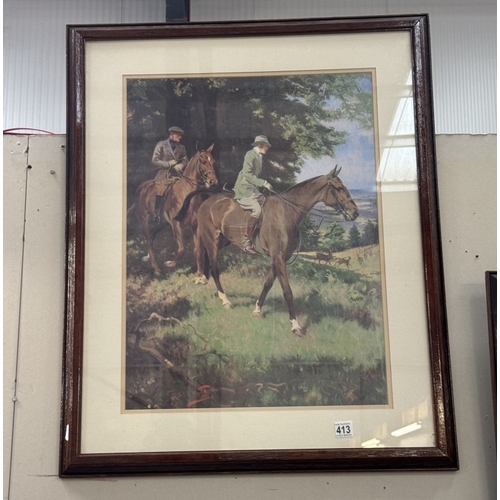 413 - An early 20th century framed and glazed engraving featuring horses and riders, COLLECT ONLY.