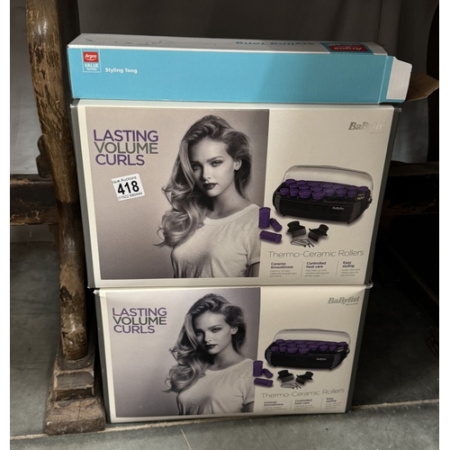 418 - 2 Boxes of Babyliss heated rollers & A set of styling tongs